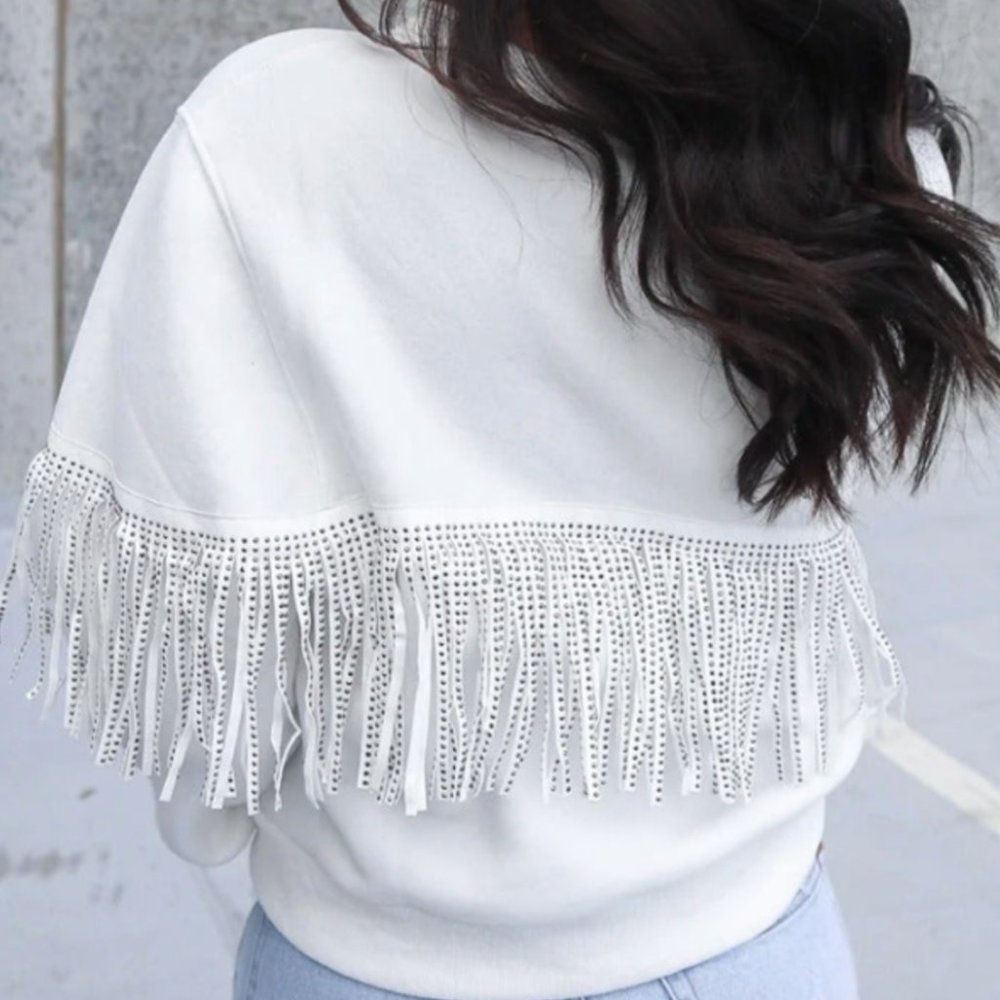 white rhinestone fringe sweatshirt small